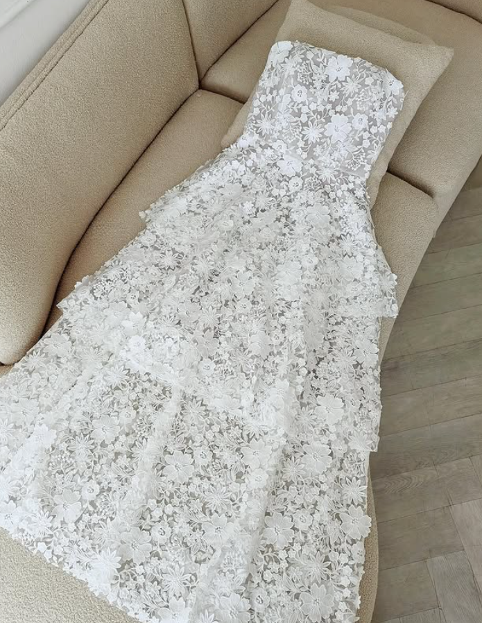 Exquisite White A Line Strapless Layered Flower Lace Prom Dress Evening Dress DP5778