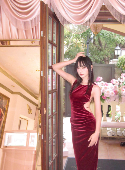 Burgundy Sheath Round Neck Velvet Open Back Prom Dress Date Dress DP4429