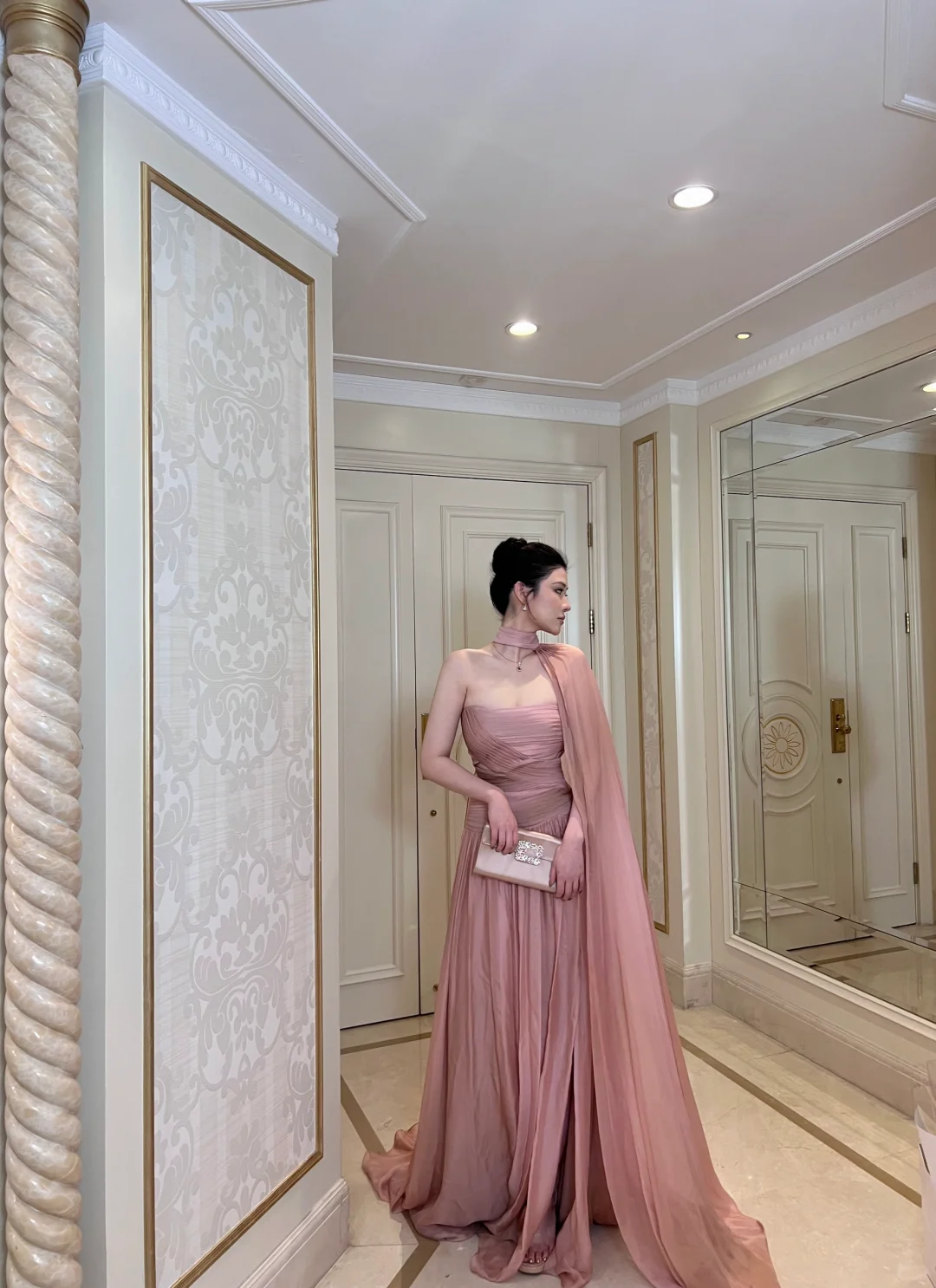 Elegant Pink A Line Strapless Pleated Chiffon Long Prom Dress Party Dress DP4467