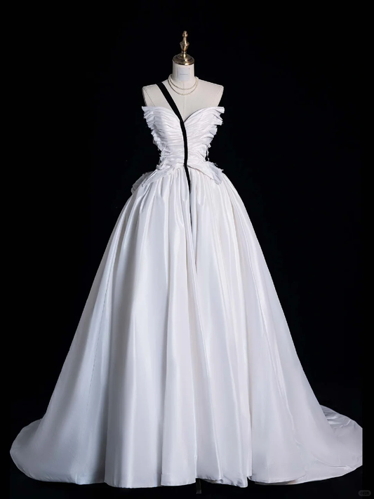 Unique A Line Strapless White Satin Long Prom Dress Evening Dress DP2095