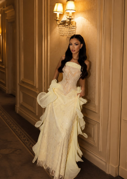 Pretty Yellow A Line Strapless Lace Chiffon Prom Dress Evening Dress DP6812