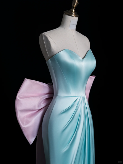Cute A Line Sweetheart Neck Pink Bow Blue Satin Long Prom Dress Graduation Prom Dress DP2048