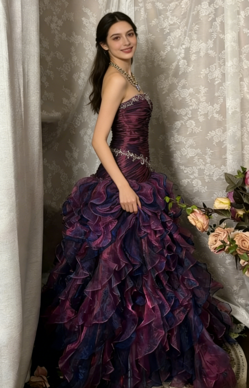 Vintage Grape A Line Strapless Appliques Ruffle Organza Long Prom Dress DP5040