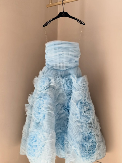 Dreamy Blue Floral A Line Strapless Tulle Homecoming Dress Cocktail Dress DP3495