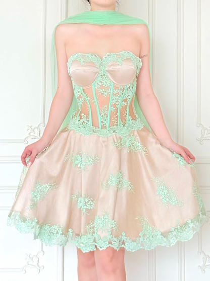 Fresh Green Lace A Line Strapless Apricot Satin Short Prom Dress Homecoming Dress DP6451