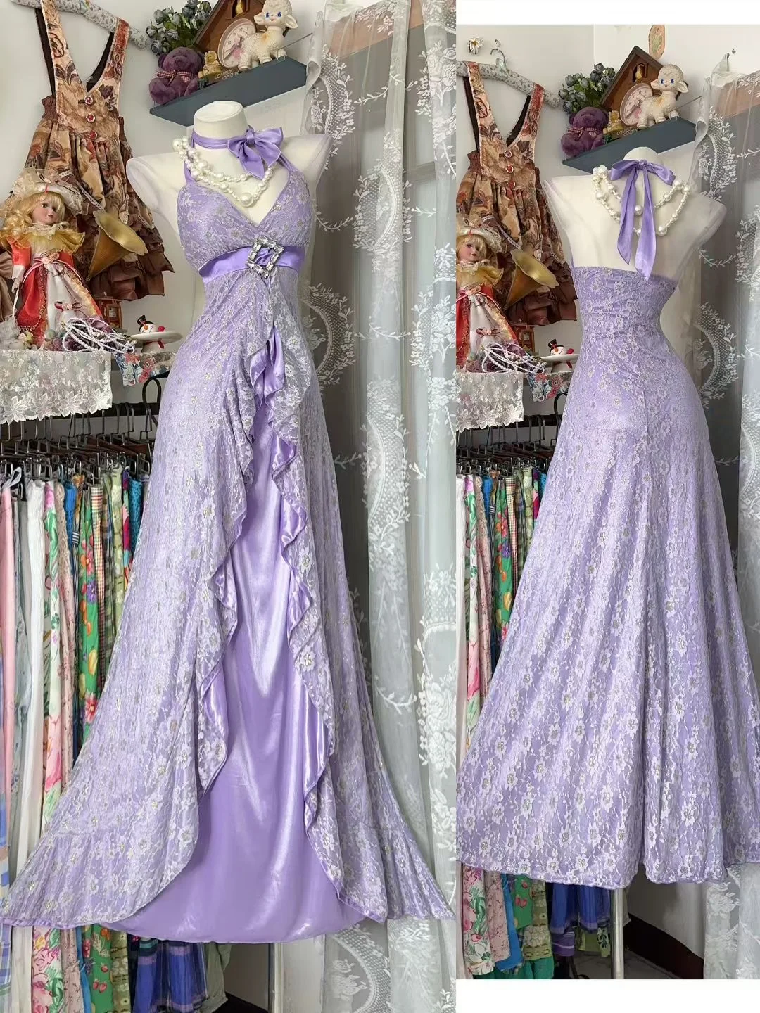 Vintage Lilac A Line Halter Lace Satin Prom Dress Evening Dress DP5241