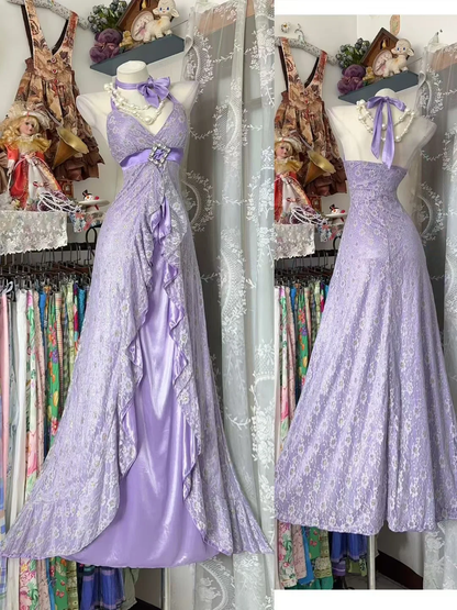 Vintage Lilac A Line Halter Lace Satin Prom Dress Evening Dress DP5241
