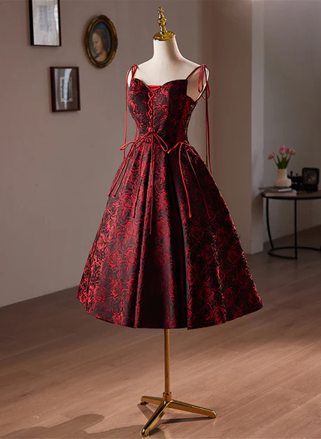 Burgundy Rose Print Satin Straps Knee Length Homecoming Dress Short Party Dress DP605