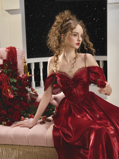 Flowy A Line Off the Shoulder Burgundy Satin Party Dress Evening Dress DP2746