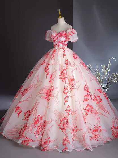 Beautiful Printing Chiffon Prom Dress Off the Shoulder Ball Gown Party Dress DP311