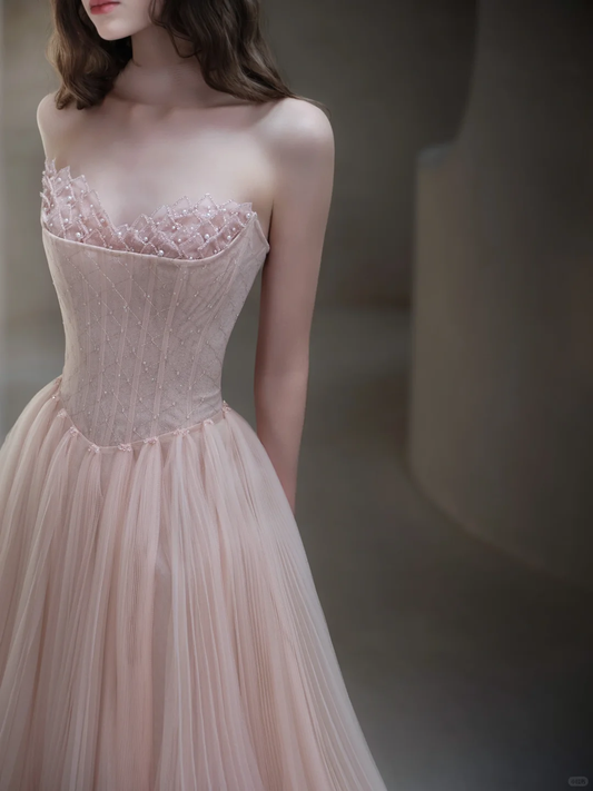 Light Pink A Line Strapless Beaded Tulle Long Date Dress Prom Dress Evening Dress DP3432