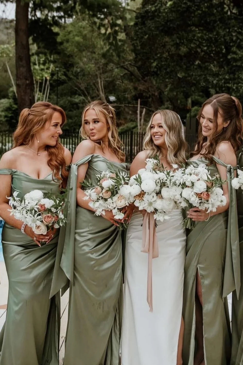 Mermaid Tie Shoulder Moss Green Ruched Satin Bridesmaid Dress DP5844