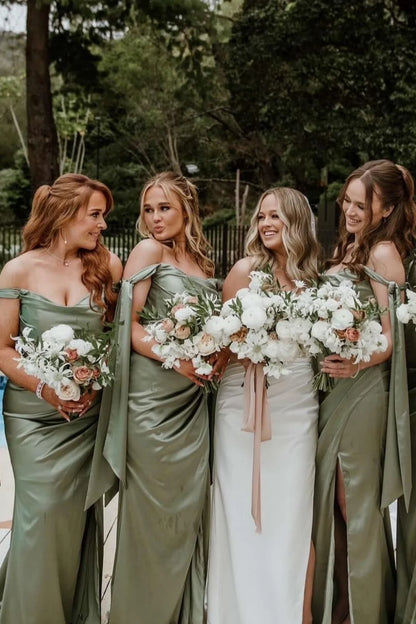 Mermaid Tie Shoulder Moss Green Ruched Satin Bridesmaid Dress DP5844