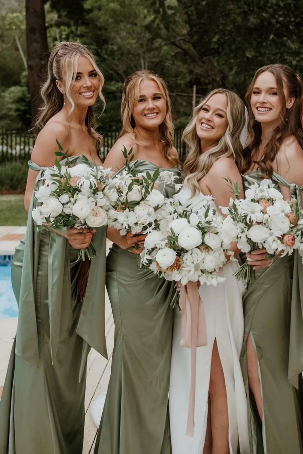 Mermaid Tie Shoulder Moss Green Ruched Satin Bridesmaid Dress DP5844