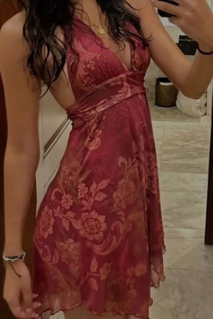Trendy A Line Halter Neck Dark Red Printed Homecoming Dress with Ruffles DP7330