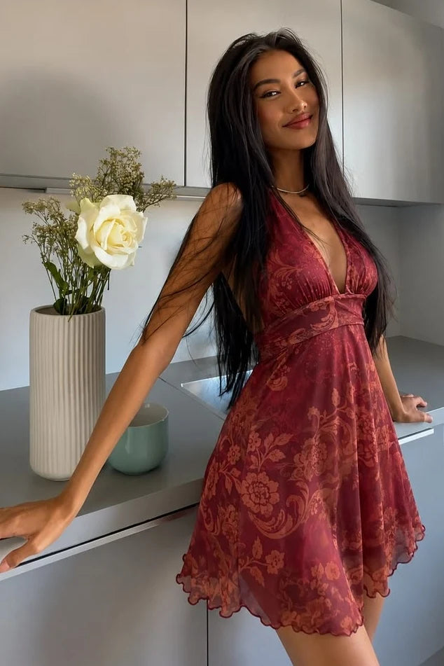 Trendy A Line Halter Neck Dark Red Printed Homecoming Dress with Ruffles DP7330