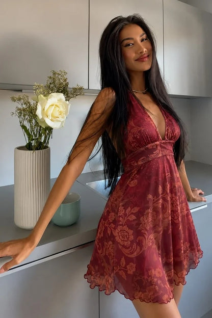 Trendy A Line Halter Neck Dark Red Printed Homecoming Dress with Ruffles DP7330