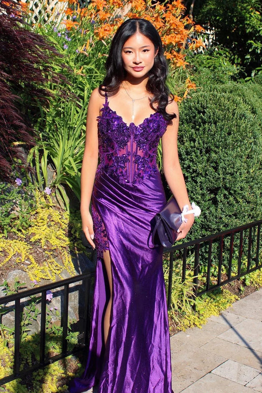 Chic Sheath Spaghetti Straps Purple Corset Prom Dress with Appliques DP7444