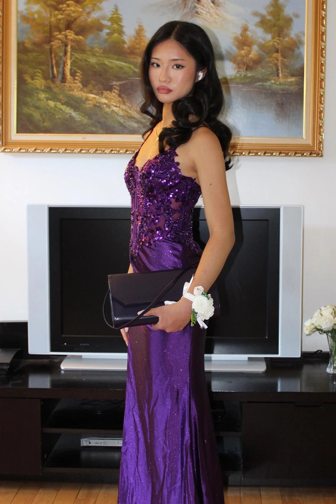 Chic Sheath Spaghetti Straps Purple Corset Prom Dress with Appliques DP7444
