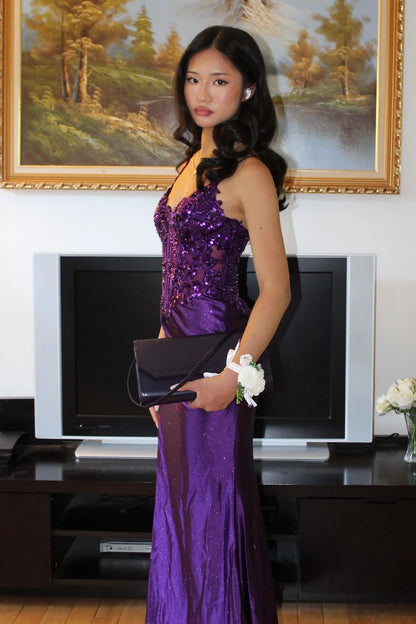 Chic Sheath Spaghetti Straps Purple Corset Prom Dress with Appliques DP7444