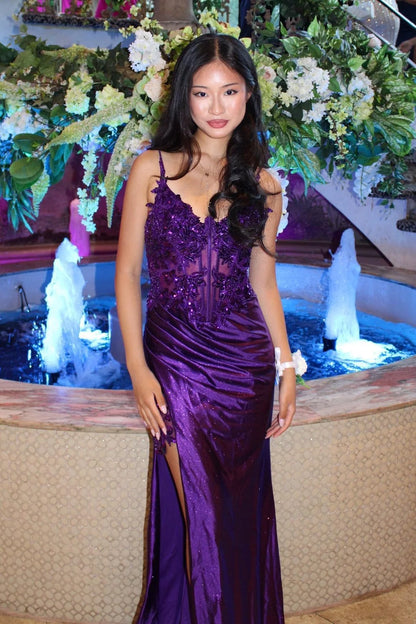 Chic Sheath Spaghetti Straps Purple Corset Prom Dress with Appliques DP7444