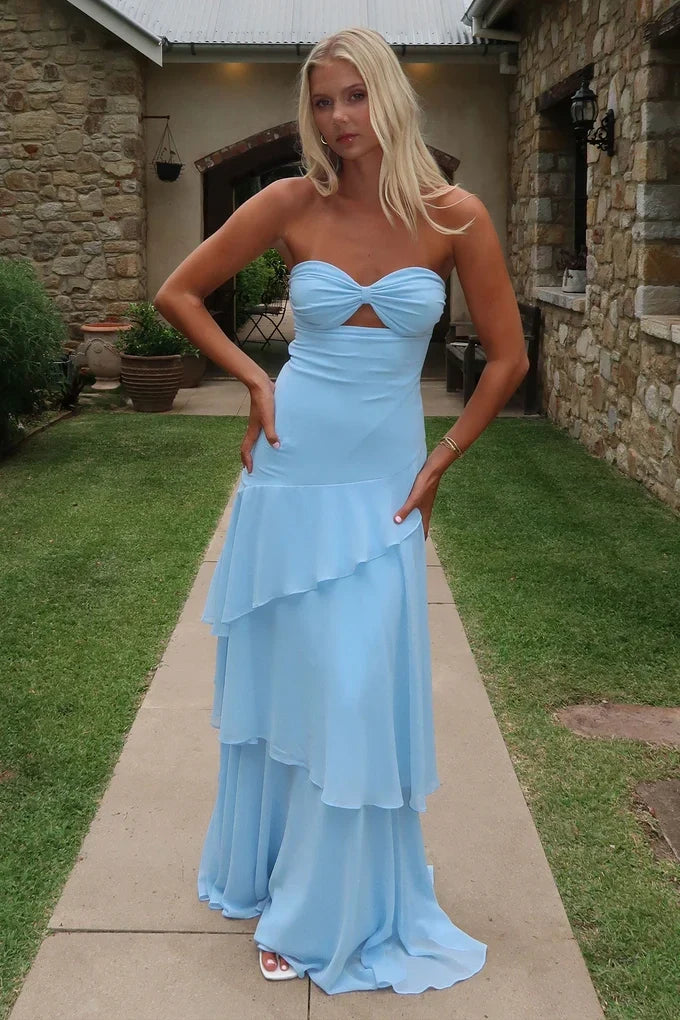 Trendy A Line Sweetheart Blue Long Prom Dress with Ruffles Keyholes DP7593