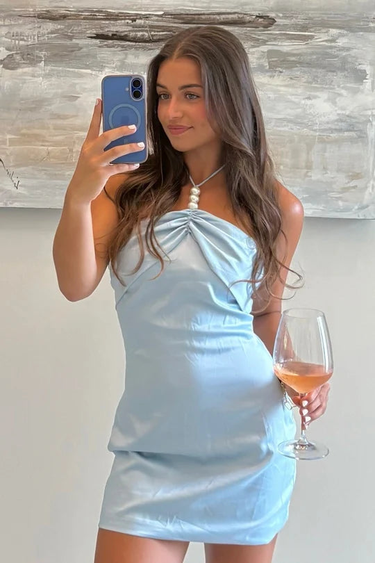 Trendy Sheath Halter Neck Light Blue Short Homecoming Dress with Pearls DP7232