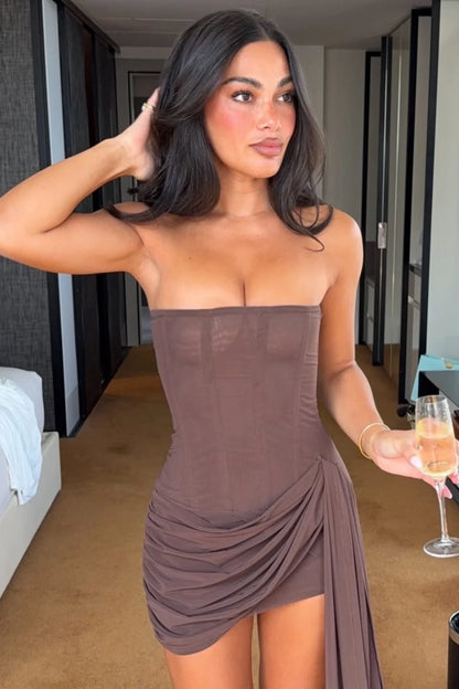 Trendy Sheath Strapless Brown Corset Homecoming Dress with Ruched DP7096