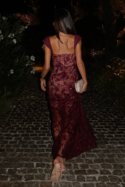 Chic Mermaid Sweetheart Dark Burgundy Long Prom Dress with Lace DP7453