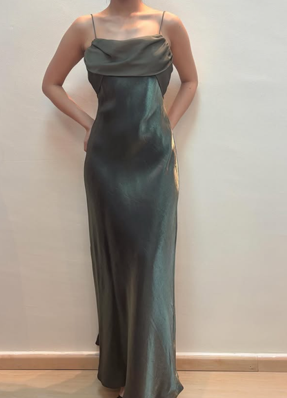 Vintage Dark Green Simple Sheath Chiffon Satin Prom Dress Evening Dress Date Dress DP5280