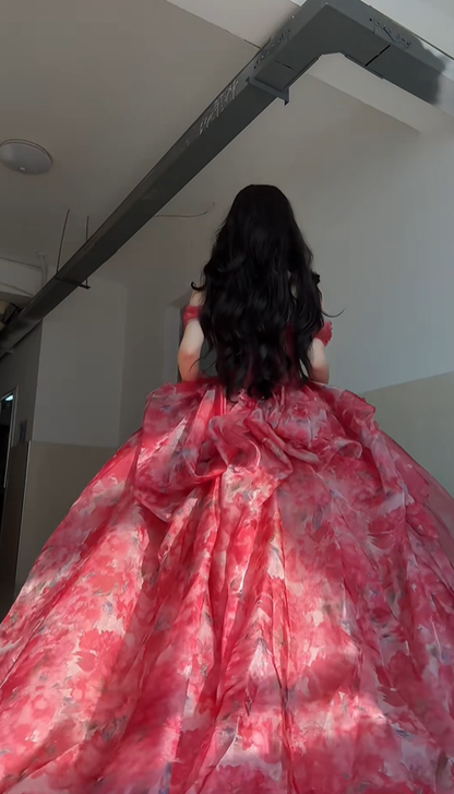 Red A Line Off the Shoulder Print Floral Chiffon Tulle Prom Dress Graduation Ball Gown DP4567