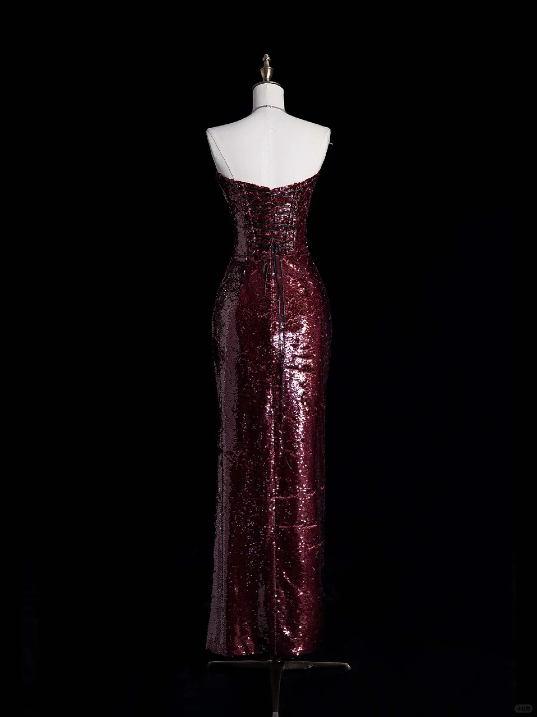 Sexy Sheath Strapless Burgundy Sequin Prom Dress Evening Dress with Slit DP2025