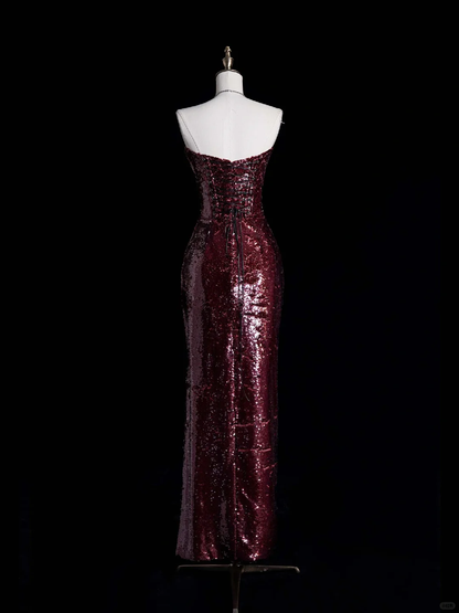 Sexy Sheath Strapless Burgundy Sequin Prom Dress Evening Dress with Slit DP2025