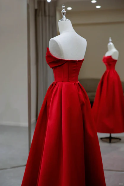 Charming Red Satin Midi Long Prom Dress Bridesmaid Party Dress DP382
