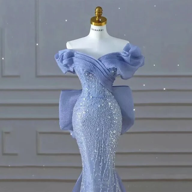 Sparkly Blue Prom Dress With Bow Sequins Off The Shoulder Mermaid Evening Gown DP163