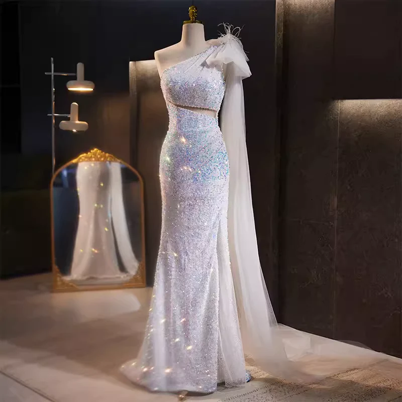 Luxury Mermaid White One Shoulder Long Sequin Slit Prom Dress Formal Evening Dress DP071