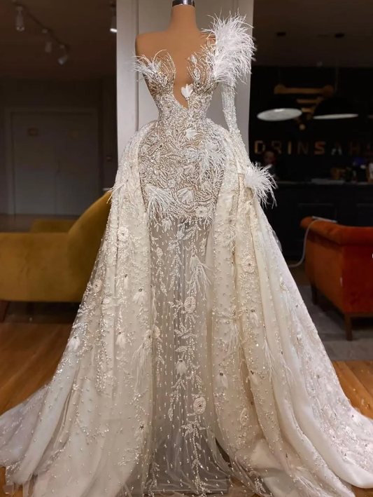Gorgeous A Line V Neck Long Sleeve Beaded Feather Satin Tulle Prom Dress Evening Dress DP1777