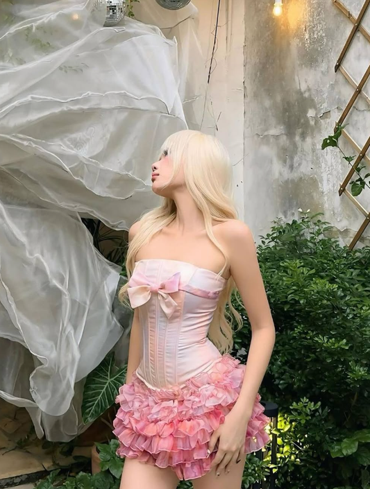 Pink Dreamy Layered Chiffon Satin Short Homecoming Dress Date Dress with Bow DP2955
