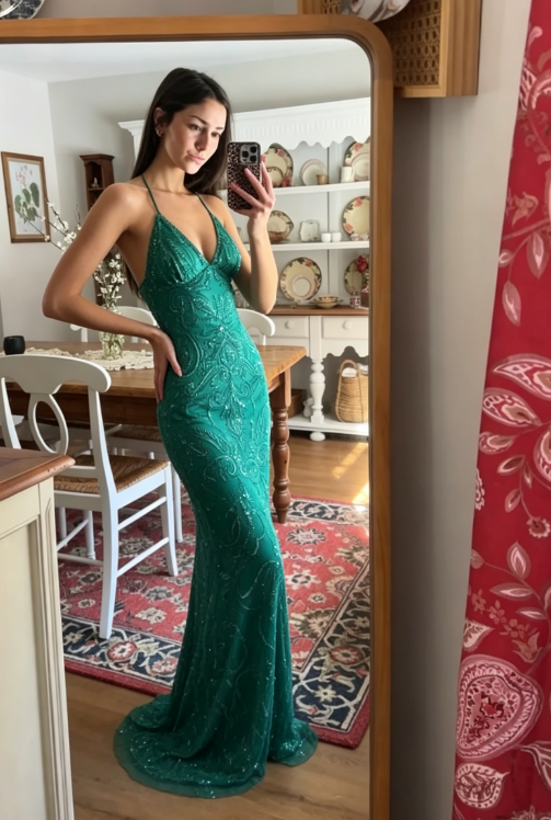 Green Sheath Spaghetti Strap Exquisite Beaded Tulle Prom Dress Graduation Prom Dress DP6660