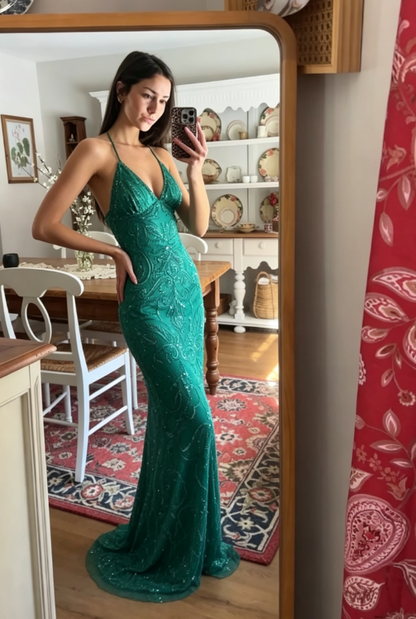 Green Sheath Spaghetti Strap Exquisite Beaded Tulle Prom Dress Graduation Prom Dress DP6660