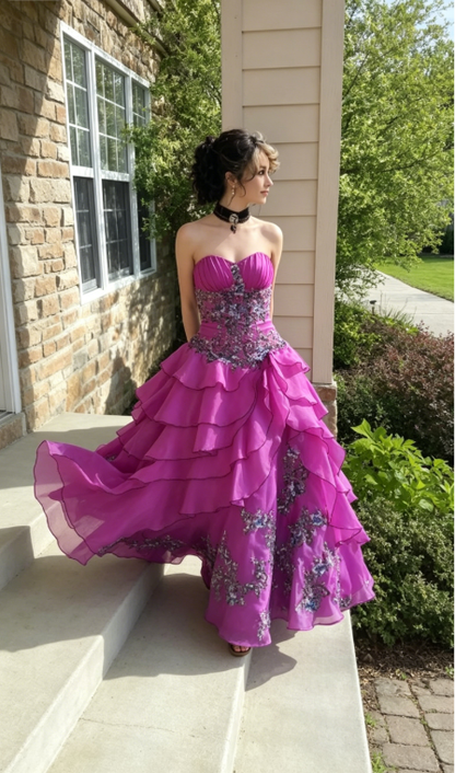 Vintage Pink Ball Gown Strapless Embroidered Layered Chiffon Prom Dress Graduation Prom Dress DP5105