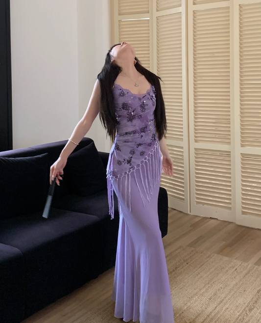 Purple Print Floral Mermaid Spaghetti Straps Chiffon Long Date Dress Party Dress Outfits DP3425