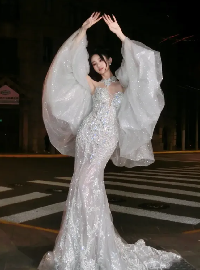 Elegant Mermaid Sweetheart Neck Sequin Beaded White Tulle Long Prom Dress Wedding Dress DP4649