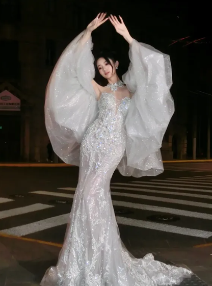 Elegant Mermaid Sweetheart Neck Sequin Beaded White Tulle Long Prom Dress Wedding Dress DP4649