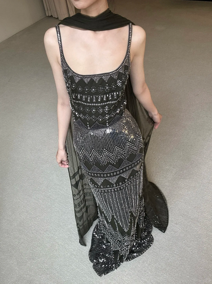 Stunning A Line Straps Exquisite Beaded Black Chiffon Long Prom Dress Party Dress DP4466