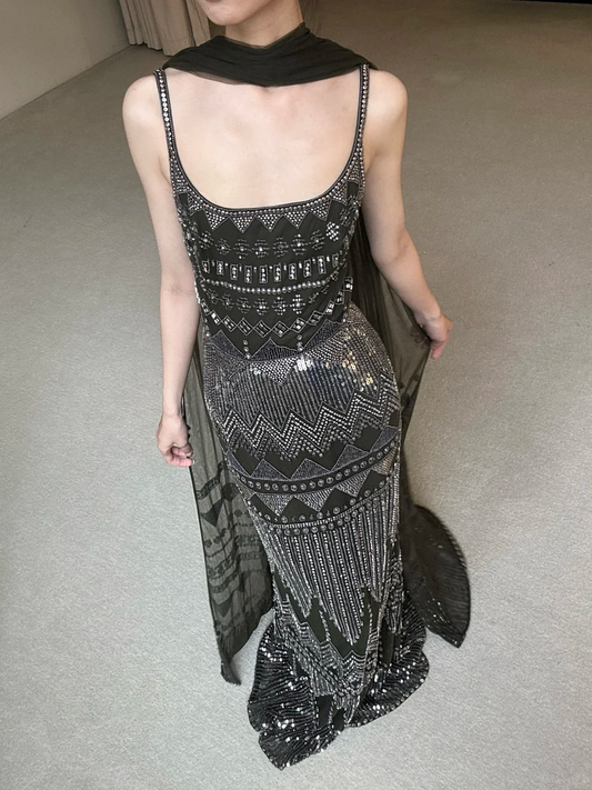 Stunning A Line Straps Exquisite Beaded Black Chiffon Long Prom Dress Party Dress DP4466