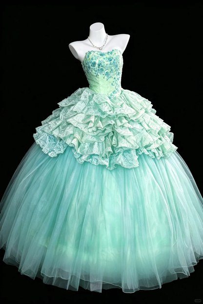 Dreamy Green A Line Strapless Embroidery Layered Lace Tulle Prom Dress Party Evening Dress DP5347