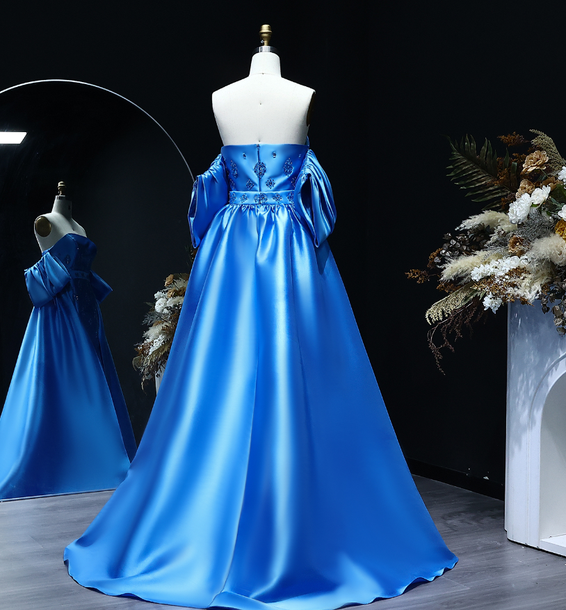 Elegant A Line Off the Shoulder Beaded Blue Satin Long Prom Dress Evening Dress DP1918