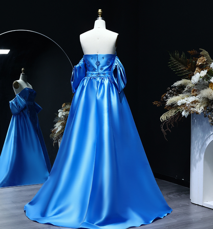 Elegant A Line Off the Shoulder Beaded Blue Satin Long Prom Dress Evening Dress DP1918