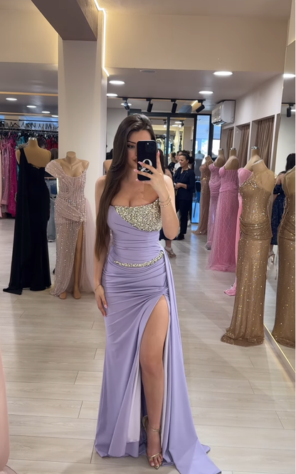 Gentle Purple Mermaid Strapless Rhinestone Satin Long Prom Dress Evening Dress DP4392